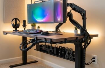guia-gestion-cableado-setup-gamer Un escritorio de computadora minimalista y ordenado, visto desde abajo, que muestra una gestión de cables impecable utilizando canaletas, clips y organizadores debajo de la mesa, con iluminación LED suave.