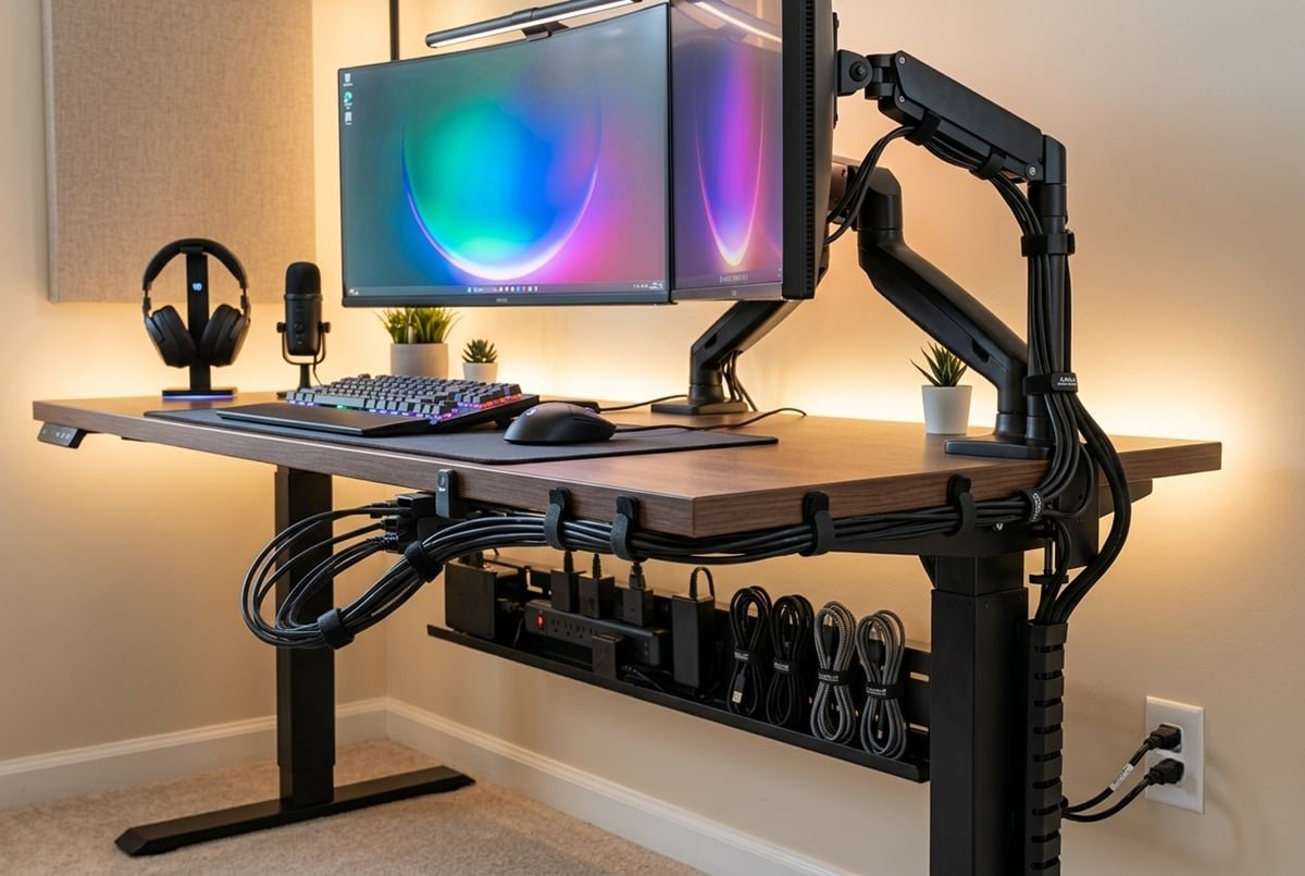 guia-gestion-cableado-setup-gamer Un escritorio de computadora minimalista y ordenado, visto desde abajo, que muestra una gestión de cables impecable utilizando canaletas, clips y organizadores debajo de la mesa, con iluminación LED suave.
