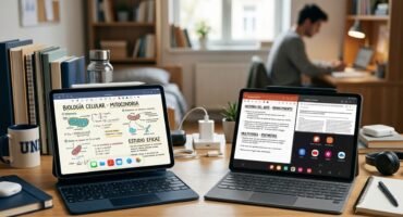 Un iPad y una tablet Android con teclados y lápices ópticos sobre un escritorio de estudio, mostrando apuntes digitales para comparar ambas plataformas.