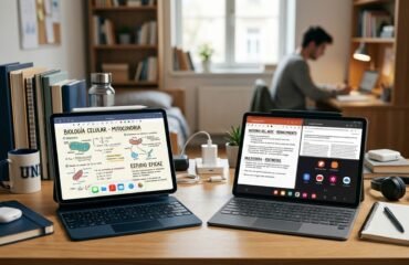 Un iPad y una tablet Android con teclados y lápices ópticos sobre un escritorio de estudio, mostrando apuntes digitales para comparar ambas plataformas.