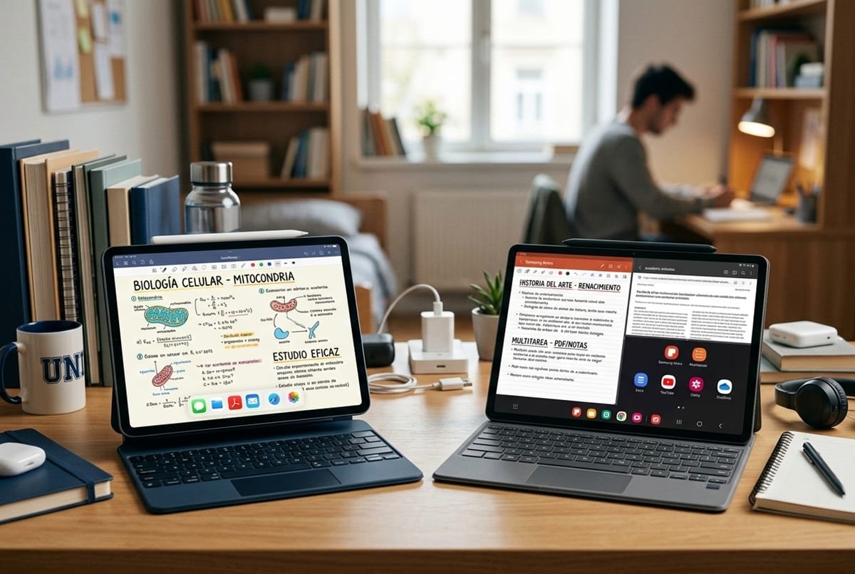 Un iPad y una tablet Android con teclados y lápices ópticos sobre un escritorio de estudio, mostrando apuntes digitales para comparar ambas plataformas.