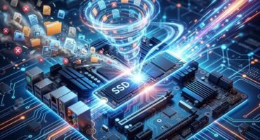 Ilustración conceptual de un disco SSD M.2 sobre una placa base futurista con circuitos iluminados. Un vórtice digital azul aspira carpetas y archivos basura flotantes con iconos de eliminación, mientras un haz de luz brillante atraviesa el almacenamiento, simbolizando velocidad, optimización de espacio y alto rendimiento.