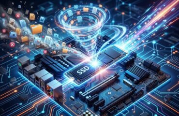 liberar-espacio-ssd-sin-perder-rendimiento Ilustración conceptual de un disco SSD M.2 sobre una placa base futurista con circuitos iluminados. Un vórtice digital azul aspira carpetas y archivos basura flotantes con iconos de eliminación, mientras un haz de luz brillante atraviesa el almacenamiento, simbolizando velocidad, optimización de espacio y alto rendimiento.