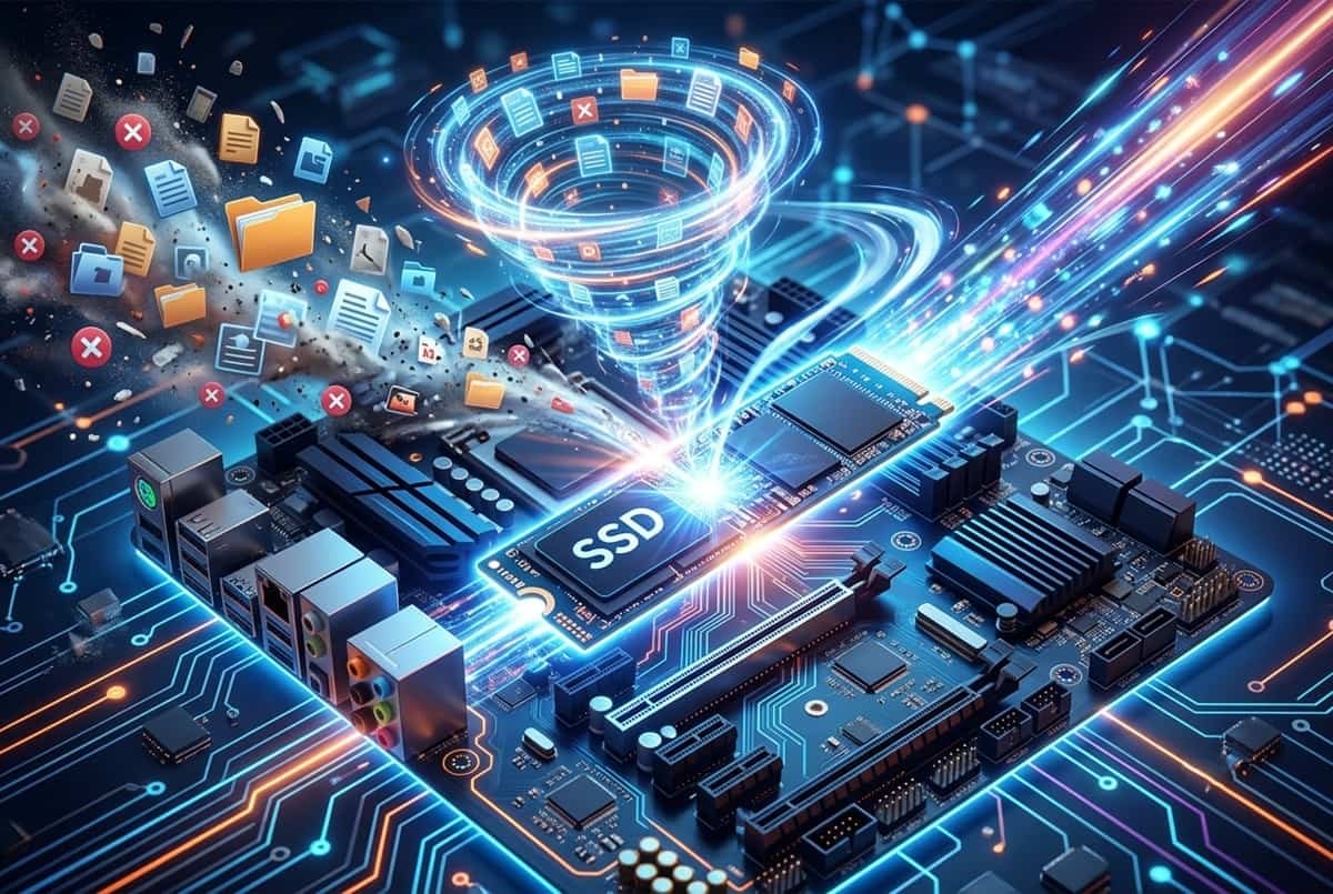 liberar-espacio-ssd-sin-perder-rendimiento Ilustración conceptual de un disco SSD M.2 sobre una placa base futurista con circuitos iluminados. Un vórtice digital azul aspira carpetas y archivos basura flotantes con iconos de eliminación, mientras un haz de luz brillante atraviesa el almacenamiento, simbolizando velocidad, optimización de espacio y alto rendimiento.