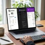 Vista en perspectiva de una persona utilizando un portátil en un escritorio ordenado. La pantalla muestra una comparativa dividida en tres secciones con las interfaces de las aplicaciones Notion, Obsidian y OneNote para organizar apuntes. Al lado hay una taza de café, un ratón, un teclado mecánico y una libreta con un bolígrafo.