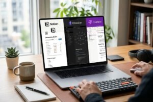 Vista en perspectiva de una persona utilizando un portátil en un escritorio ordenado. La pantalla muestra una comparativa dividida en tres secciones con las interfaces de las aplicaciones Notion, Obsidian y OneNote para organizar apuntes. Al lado hay una taza de café, un ratón, un teclado mecánico y una libreta con un bolígrafo.