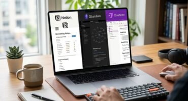 Vista en perspectiva de una persona utilizando un portátil en un escritorio ordenado. La pantalla muestra una comparativa dividida en tres secciones con las interfaces de las aplicaciones Notion, Obsidian y OneNote para organizar apuntes. Al lado hay una taza de café, un ratón, un teclado mecánico y una libreta con un bolígrafo.