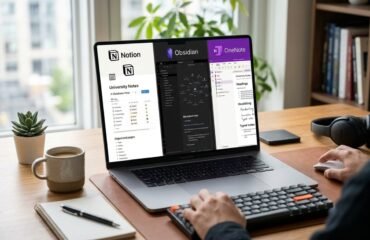 organizar-apuntes-pc-notion-obsidian-onenote Vista en perspectiva de una persona utilizando un portátil en un escritorio ordenado. La pantalla muestra una comparativa dividida en tres secciones con las interfaces de las aplicaciones Notion, Obsidian y OneNote para organizar apuntes. Al lado hay una taza de café, un ratón, un teclado mecánico y una libreta con un bolígrafo.