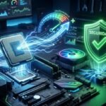 Primer plano de un procesador de computadora sobre una placa base con efectos visuales de energía, un velocímetro de rendimiento y un escudo verde que simboliza seguridad.