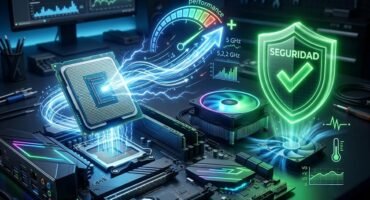 Primer plano de un procesador de computadora sobre una placa base con efectos visuales de energía, un velocímetro de rendimiento y un escudo verde que simboliza seguridad.