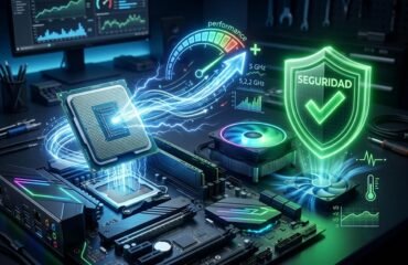 Primer plano de un procesador de computadora sobre una placa base con efectos visuales de energía, un velocímetro de rendimiento y un escudo verde que simboliza seguridad.