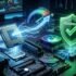 Primer plano de un procesador de computadora sobre una placa base con efectos visuales de energía, un velocímetro de rendimiento y un escudo verde que simboliza seguridad.