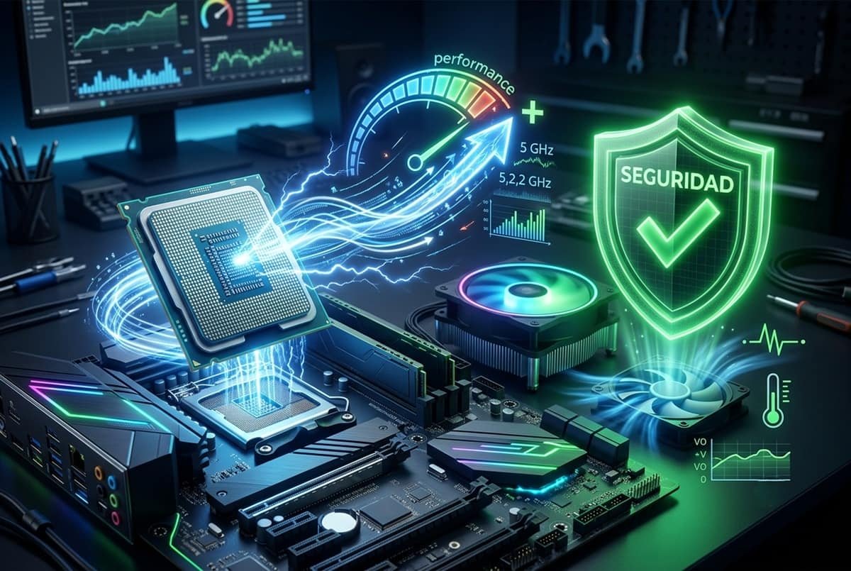 overclocking-cpu-seguro Primer plano de un procesador de computadora sobre una placa base con efectos visuales de energía, un velocímetro de rendimiento y un escudo verde que simboliza seguridad.