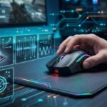 Primer plano de la mano de un jugador utilizando un ratón gaming sobre una alfombrilla, con gráficos holográficos e interfaces digitales flotantes que ilustran de forma técnica el rendimiento del sensor, los niveles de DPI y la tasa de sondeo (polling rate), en un entorno tecnológico con un monitor de fondo.