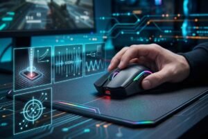 Primer plano de la mano de un jugador utilizando un ratón gaming sobre una alfombrilla, con gráficos holográficos e interfaces digitales flotantes que ilustran de forma técnica el rendimiento del sensor, los niveles de DPI y la tasa de sondeo (polling rate), en un entorno tecnológico con un monitor de fondo.