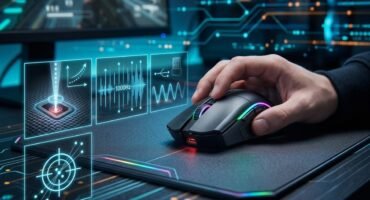 Primer plano de la mano de un jugador utilizando un ratón gaming sobre una alfombrilla, con gráficos holográficos e interfaces digitales flotantes que ilustran de forma técnica el rendimiento del sensor, los niveles de DPI y la tasa de sondeo (polling rate), en un entorno tecnológico con un monitor de fondo.