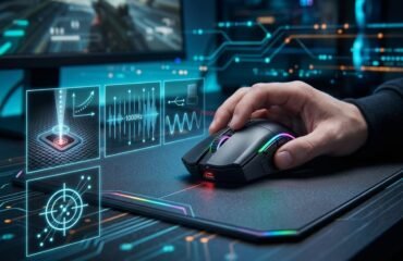sensores-raton-dpi-polling-rate-precision Primer plano de la mano de un jugador utilizando un ratón gaming sobre una alfombrilla, con gráficos holográficos e interfaces digitales flotantes que ilustran de forma técnica el rendimiento del sensor, los niveles de DPI y la tasa de sondeo (polling rate), en un entorno tecnológico con un monitor de fondo.