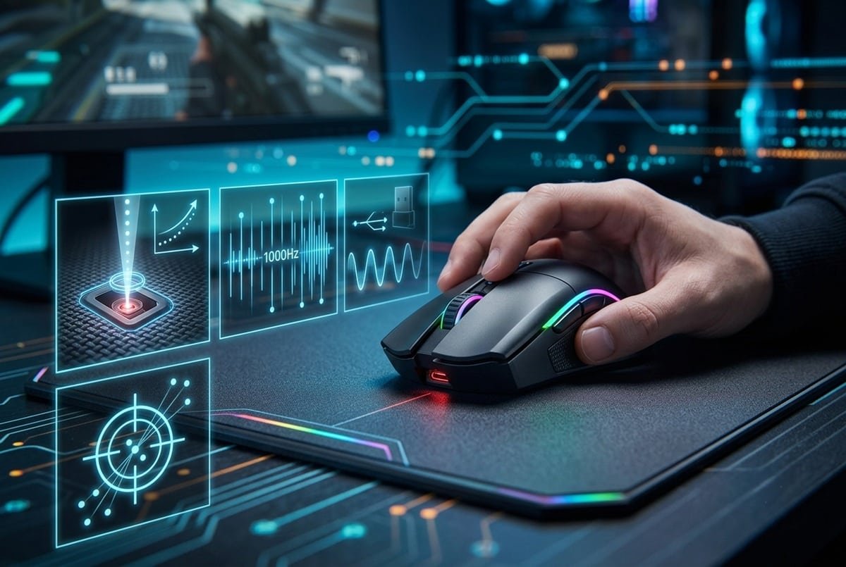 sensores-raton-dpi-polling-rate-precision Primer plano de la mano de un jugador utilizando un ratón gaming sobre una alfombrilla, con gráficos holográficos e interfaces digitales flotantes que ilustran de forma técnica el rendimiento del sensor, los niveles de DPI y la tasa de sondeo (polling rate), en un entorno tecnológico con un monitor de fondo.