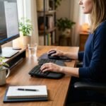 Vista de perfil de una mujer sentada trabajando en un escritorio de madera. Utiliza un teclado ergonómico dividido y un ratón vertical para mantener una postura correcta de las manos. En el fondo se ve un monitor elevado, plantas y un ambiente de oficina en casa ordenado y luminoso.