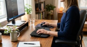 Vista de perfil de una mujer sentada trabajando en un escritorio de madera. Utiliza un teclado ergonómico dividido y un ratón vertical para mantener una postura correcta de las manos. En el fondo se ve un monitor elevado, plantas y un ambiente de oficina en casa ordenado y luminoso.