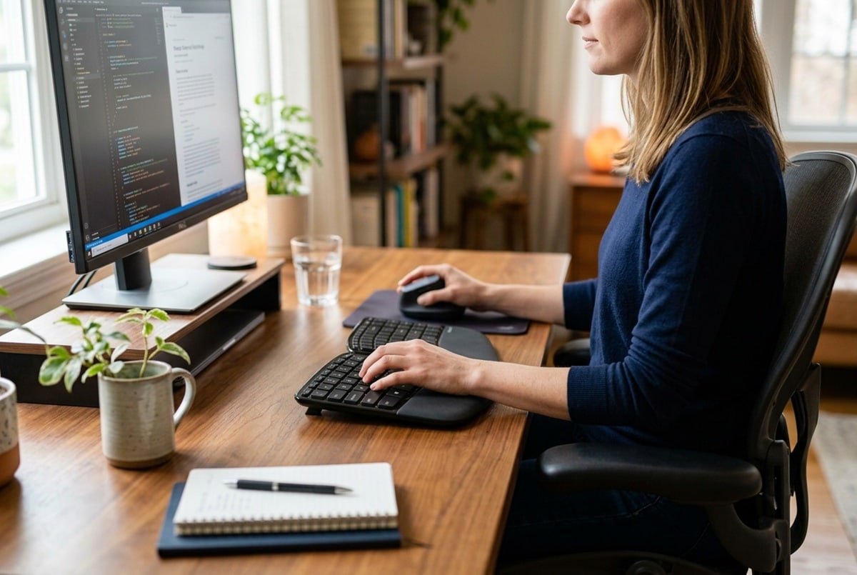 teclados-ergonomicos-guia-modelos-divididos-ortolineales Vista de perfil de una mujer sentada trabajando en un escritorio de madera. Utiliza un teclado ergonómico dividido y un ratón vertical para mantener una postura correcta de las manos. En el fondo se ve un monitor elevado, plantas y un ambiente de oficina en casa ordenado y luminoso.