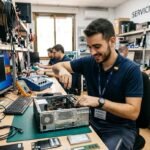Un técnico de microinformática sonriente reparando el interior de una torre de ordenador en un taller de servicio técnico en España, rodeado de herramientas, pantallas con código y componentes informáticos.