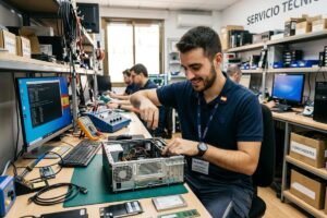 Un técnico de microinformática sonriente reparando el interior de una torre de ordenador en un taller de servicio técnico en España, rodeado de herramientas, pantallas con código y componentes informáticos.