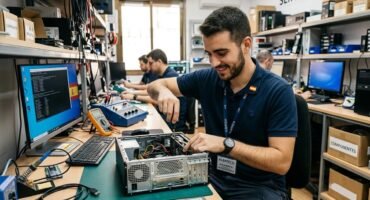 Un técnico de microinformática sonriente reparando el interior de una torre de ordenador en un taller de servicio técnico en España, rodeado de herramientas, pantallas con código y componentes informáticos.