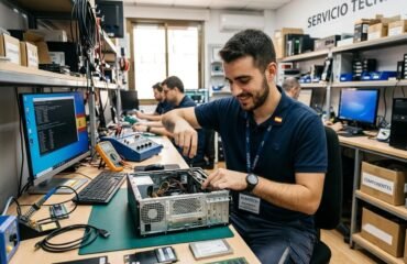 tecnico-microinformatica-espana-taller Un técnico de microinformática sonriente reparando el interior de una torre de ordenador en un taller de servicio técnico en España, rodeado de herramientas, pantallas con código y componentes informáticos.