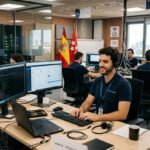 Un técnico de soporte informático con auriculares trabajando frente a varias pantallas en una oficina de Helpdesk en España, con servidores y una bandera española de fondo.