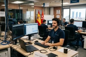 Un técnico de soporte informático con auriculares trabajando frente a varias pantallas en una oficina de Helpdesk en España, con servidores y una bandera española de fondo.