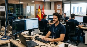 Un técnico de soporte informático con auriculares trabajando frente a varias pantallas en una oficina de Helpdesk en España, con servidores y una bandera española de fondo.