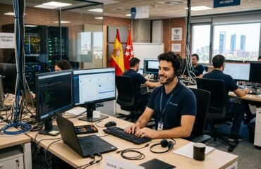 tecnico-soporte-informatico-helpdesk-espana Un técnico de soporte informático con auriculares trabajando frente a varias pantallas en una oficina de Helpdesk en España, con servidores y una bandera española de fondo.