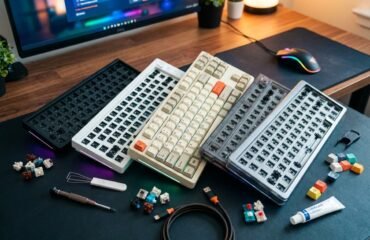 Varios kits de teclado mecánico barebone en diferentes colores y tamaños sobre un escritorio, acompañados de interruptores, teclas de colores, herramientas de montaje y lubricante para armar un teclado personalizado económico.