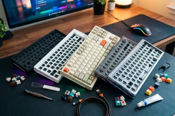 Varios kits de teclado mecánico barebone en diferentes colores y tamaños sobre un escritorio, acompañados de interruptores, teclas de colores, herramientas de montaje y lubricante para armar un teclado personalizado económico.