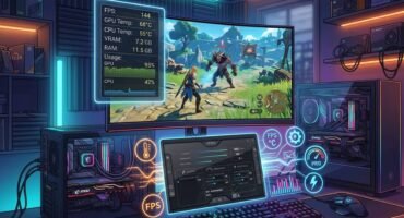 Un setup de PC gamer con una pantalla que muestra un juego y un panel superpuesto con la monitorización de FPS y temperaturas, junto a una tablet con la interfaz de MSI Afterburner en un escritorio iluminado con luces neón.