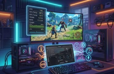 uia-msi-afterburner-rivatuner-monitorizar-fps Un setup de PC gamer con una pantalla que muestra un juego y un panel superpuesto con la monitorización de FPS y temperaturas, junto a una tablet con la interfaz de MSI Afterburner en un escritorio iluminado con luces neón.