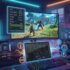 Un setup de PC gamer con una pantalla que muestra un juego y un panel superpuesto con la monitorización de FPS y temperaturas, junto a una tablet con la interfaz de MSI Afterburner en un escritorio iluminado con luces neón.