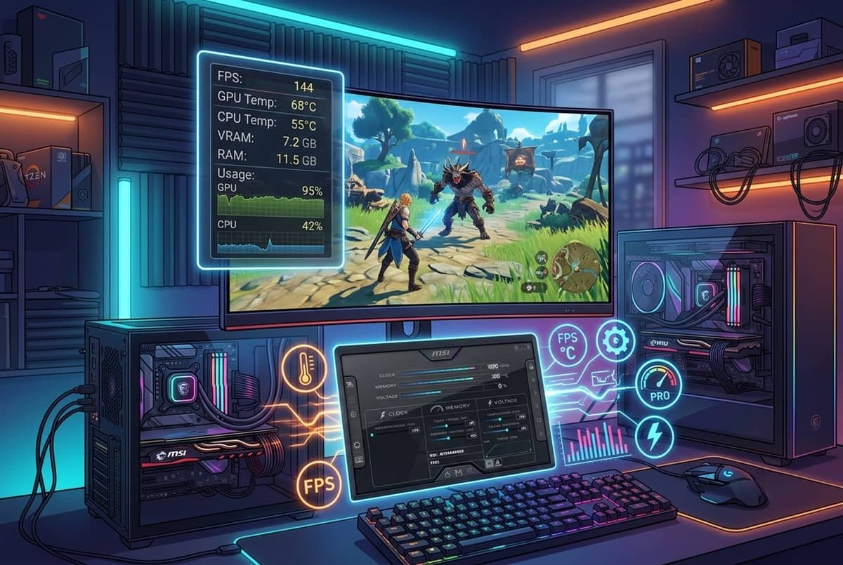 uia-msi-afterburner-rivatuner-monitorizar-fps Un setup de PC gamer con una pantalla que muestra un juego y un panel superpuesto con la monitorización de FPS y temperaturas, junto a una tablet con la interfaz de MSI Afterburner en un escritorio iluminado con luces neón.