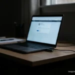 Portátil abierto sobre una mesa de madera en penumbra, con una sesión de navegador abierta y sin nadie delante; en el lateral, un dispositivo USB conectado con el piloto verde encendido y un cable que se pierde en la oscuridad, sugiriendo la sustracción silenciosa de datos del equipo. Imagen generada con IA.