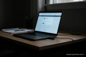 Portátil abierto sobre una mesa de madera en penumbra, con una sesión de navegador abierta y sin nadie delante; en el lateral, un dispositivo USB conectado con el piloto verde encendido y un cable que se pierde en la oscuridad, sugiriendo la sustracción silenciosa de datos del equipo. Imagen generada con IA.