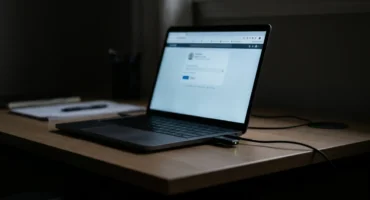 Portátil abierto sobre una mesa de madera en penumbra, con una sesión de navegador abierta y sin nadie delante; en el lateral, un dispositivo USB conectado con el piloto verde encendido y un cable que se pierde en la oscuridad, sugiriendo la sustracción silenciosa de datos del equipo. Imagen generada con IA.
