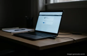 67-anthropic-malware-roba-sesiones-claude-agota-cuota Portátil abierto sobre una mesa de madera en penumbra, con una sesión de navegador abierta y sin nadie delante; en el lateral, un dispositivo USB conectado con el piloto verde encendido y un cable que se pierde en la oscuridad, sugiriendo la sustracción silenciosa de datos del equipo. Imagen generada con IA.