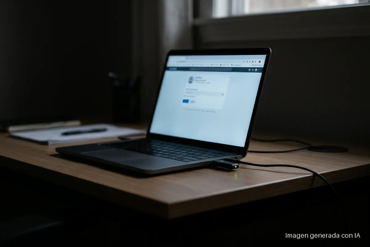 67-anthropic-malware-roba-sesiones-claude-agota-cuota Portátil abierto sobre una mesa de madera en penumbra, con una sesión de navegador abierta y sin nadie delante; en el lateral, un dispositivo USB conectado con el piloto verde encendido y un cable que se pierde en la oscuridad, sugiriendo la sustracción silenciosa de datos del equipo. Imagen generada con IA.