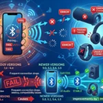 Infografía que ilustra las diferencias entre las versiones antiguas y nuevas de Bluetooth, mostrando problemas de conexión y mejora en la estabilidad.
