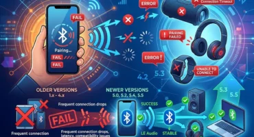 Infografía que ilustra las diferencias entre las versiones antiguas y nuevas de Bluetooth, mostrando problemas de conexión y mejora en la estabilidad.