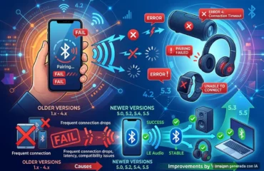 Infografía que ilustra las diferencias entre las versiones antiguas y nuevas de Bluetooth, mostrando problemas de conexión y mejora en la estabilidad.