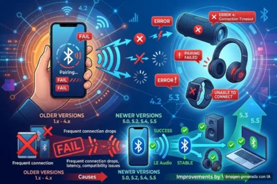 Infografía que ilustra las diferencias entre las versiones antiguas y nuevas de Bluetooth, mostrando problemas de conexión y mejora en la estabilidad.