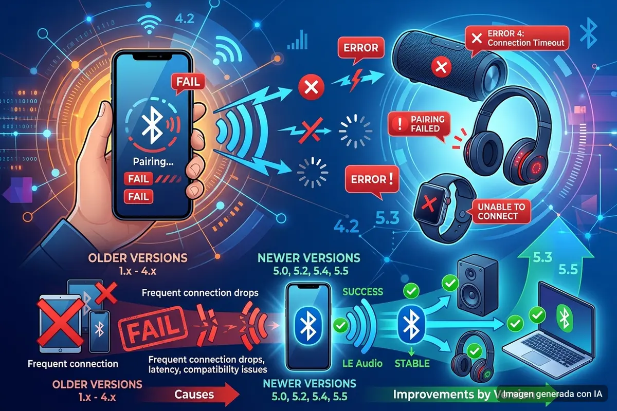 Infografía que ilustra las diferencias entre las versiones antiguas y nuevas de Bluetooth, mostrando problemas de conexión y mejora en la estabilidad.