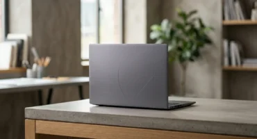 Portátil gris cerrado sobre una mesa de hormigón en una oficina moderna con estanterías de madera al fondo. Imagen generada con IA.